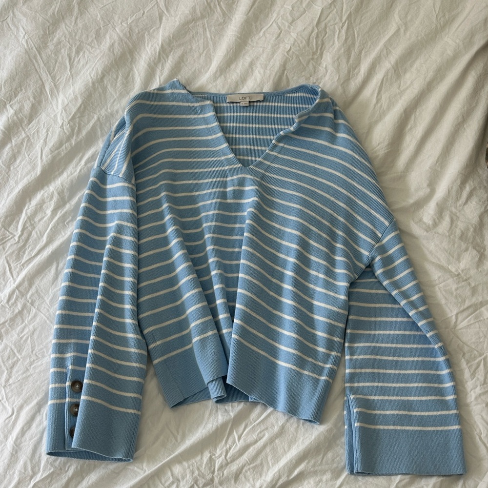 LOFT Striped Button Sleeve Split Neck Sweater